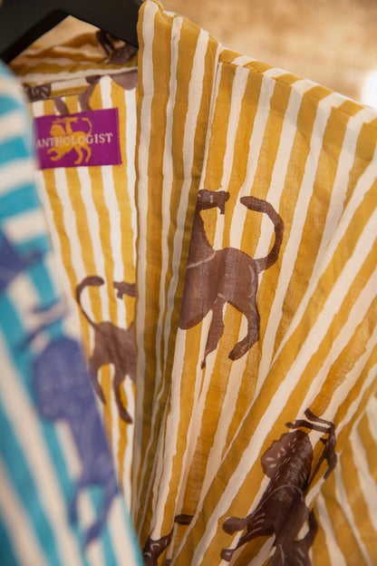 Anthologist Hand-Blocked Robe, Fig and Ochre Stripe with Date Chimera