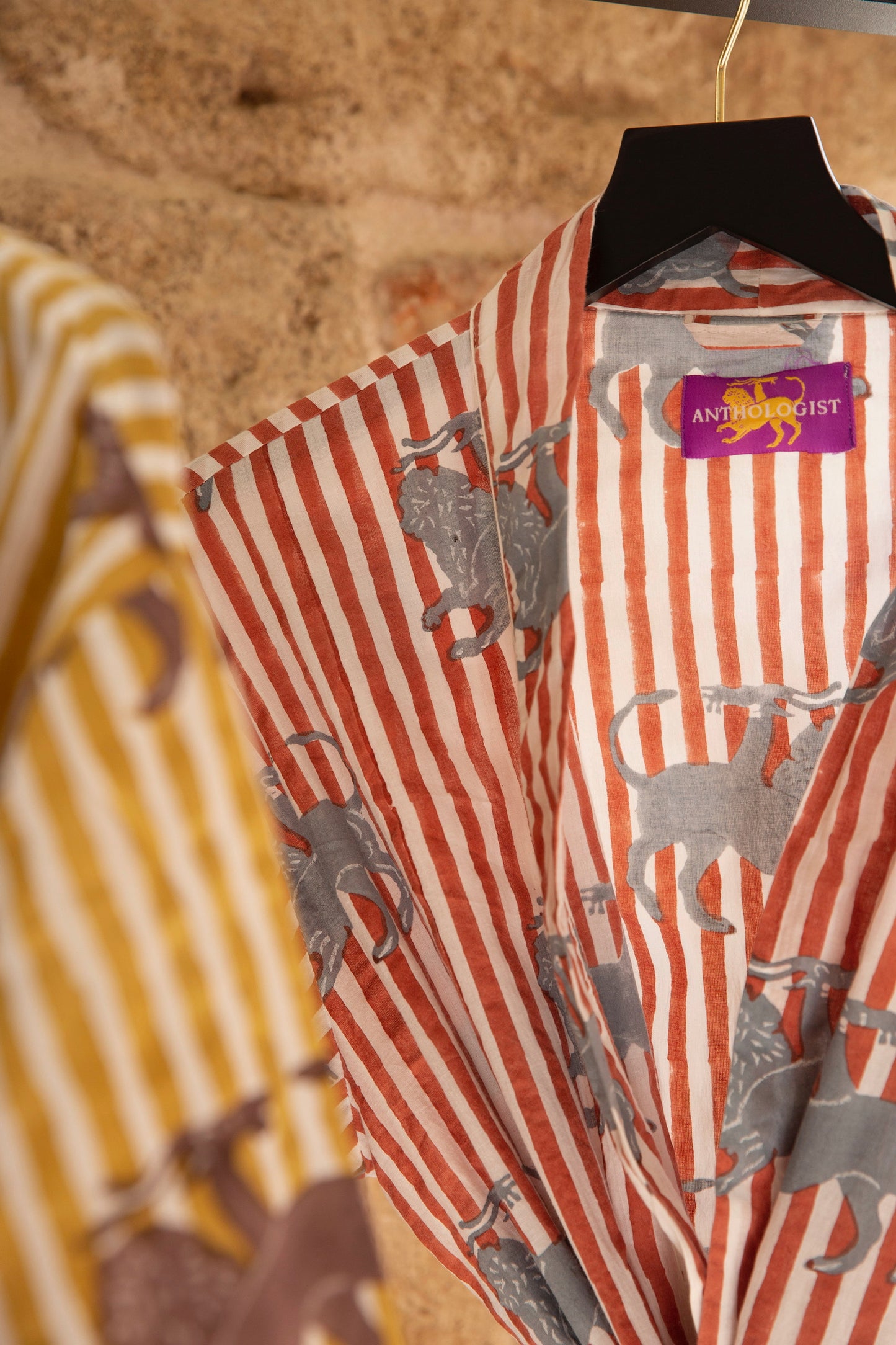 Anthologist Hand-Blocked Robe, Rust with Cycladic Blue Chimera