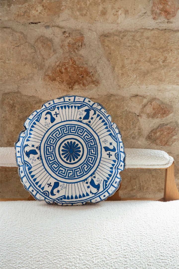 Mycenaean Bloom Vintage Pillow - Blue
