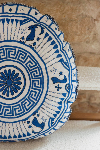 Mycenaean Bloom Vintage Pillow - Blue