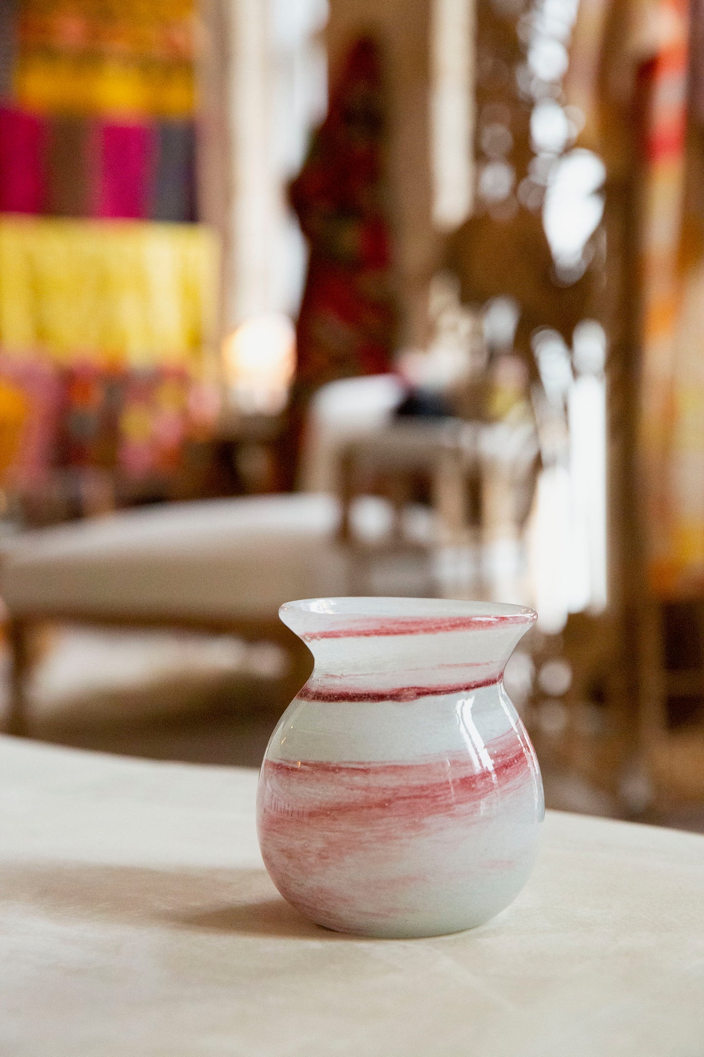 Blown Glass Round Vase, White and Amber