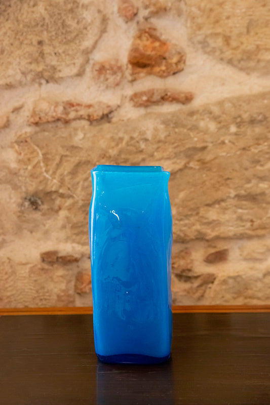 Blown Glass Tall Rectangular Vase, Frosted Blue