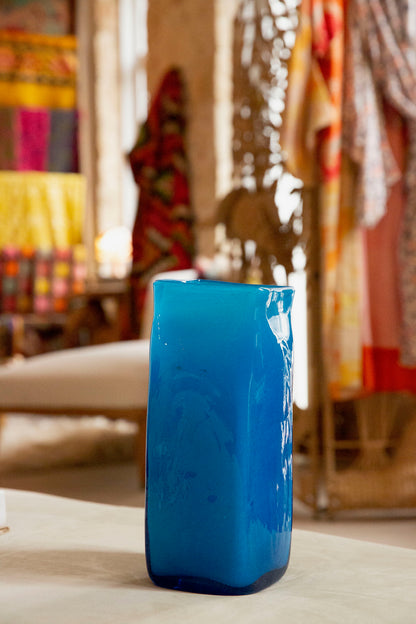 Blown Glass Tall Rectangular Vase, Frosted Blue