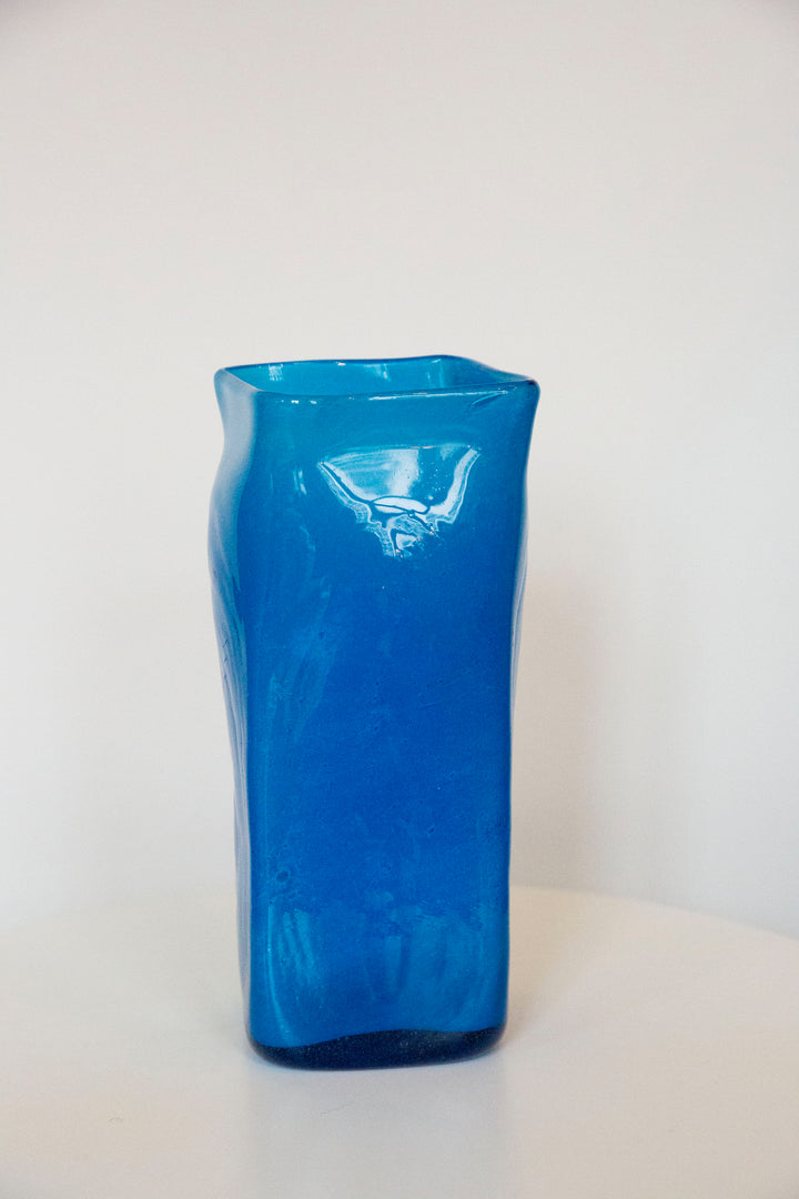 Blown Glass Tall Rectangular Vase, Frosted Blue