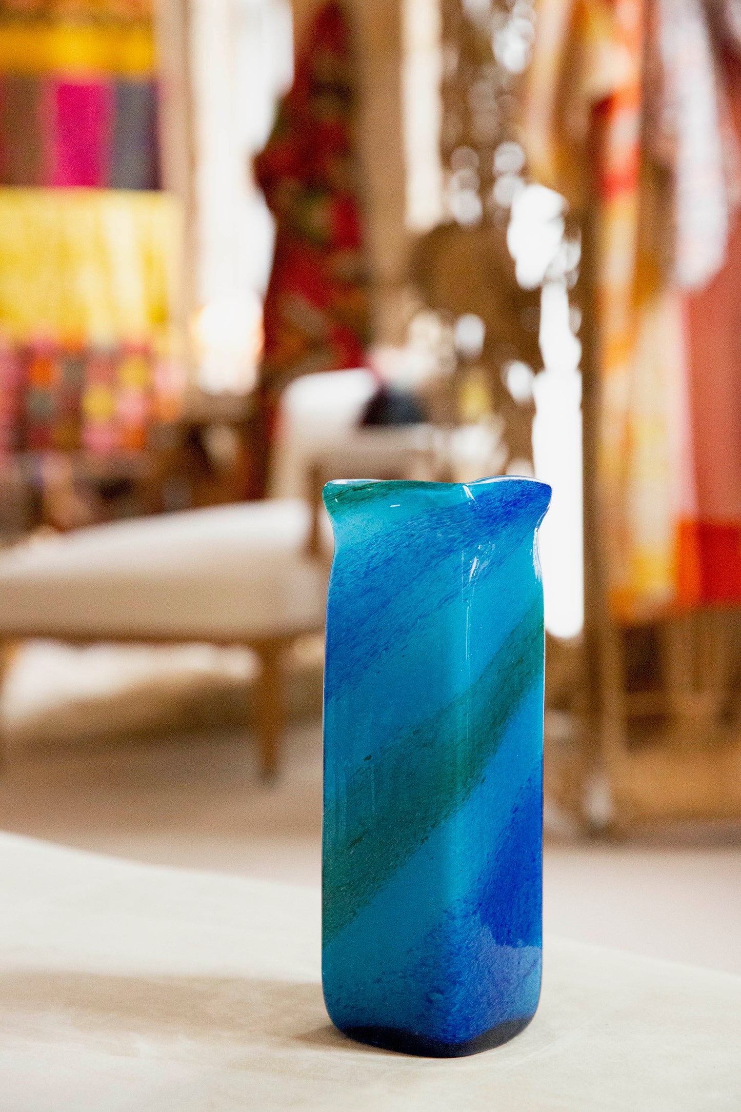 Blown Glass Tall Rectangular Vase, Blue and Green