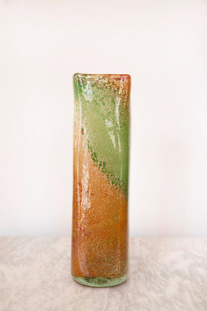 Blown Glass Tall Rectangular Vase, Amber and Green