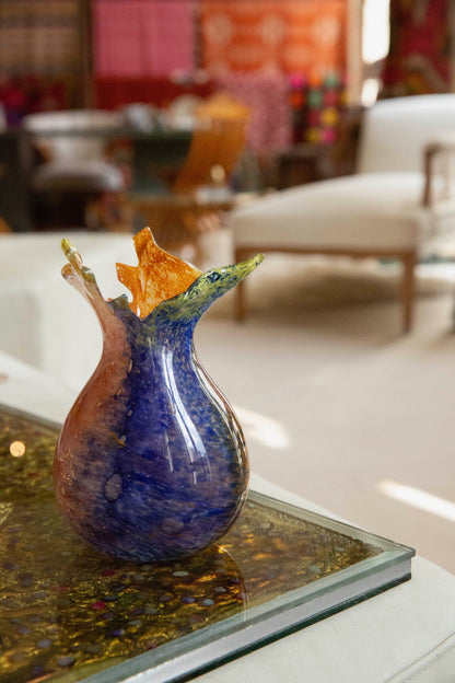 Blown Glass Bloom Vase, Blue and Orange