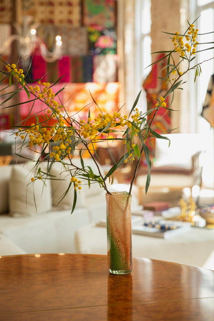 Blown Glass Tall Rectangular Vase, Amber and Green