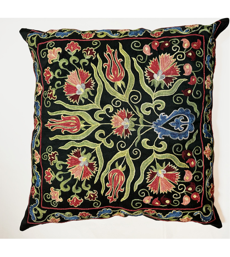 Antique Silk Suzani Decorative Pillow Cover, Black