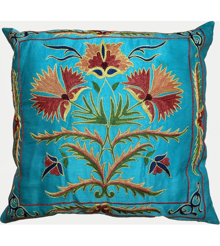 Antique Silk Suzani Decorative Pillow Cover, Turquoise